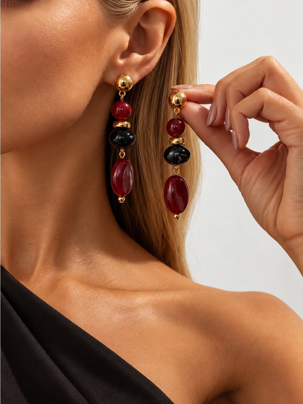 Gold Drop Earrings with Burgundy and Black Beads